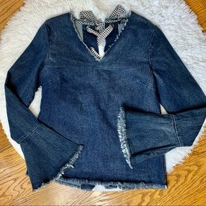Anthropologie Moelleux Denim Blouse Ribbon Back Lace Up Bell Sleeve Raw Hem XS